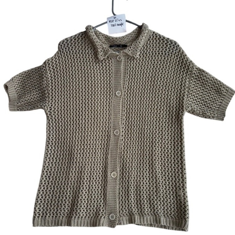 Tamulily Short Sleeve Mesh Knit Button Front Cardigan Sweater Beige Medium